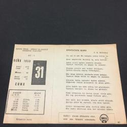 31 OCAK 1958-TAKVİM YAPRAĞI-DOĞUM GÜNÜ HEDİYESİ-AJANS TÜRK-ŞİİRLİ VE SAATLİ TÜRKİYE TAKVİMİ,Y.K.BEYATLI,NAHİD ULVİ,FAL,FIKRA,TÜRKİYEDE İLK MATBAANIN KURULUŞU,1729,RECAİZADE EKREMİN ÖLÜMÜ 1914,GÜZEL SÖZ,YEMEK LİSTESİ