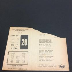 20 NİSAN 1958 -TAKVİM YAPRAĞI-DOĞUM GÜNÜ HEDİYESİ- AJANS-TÜRK ŞİİRLİ VE SAATLİ TÜRKİYE TAKVİMİ,MECNUN,MEVLANA,FAL,FIKRA,HZ PEYGAMBERİN DOĞUMU,GÜZEL SÖZ,YEMEK LİSTESİ