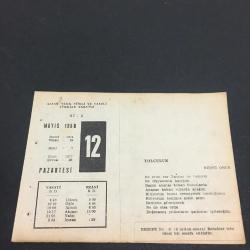 12 MAYIS 1958 -TAKVİM YAPRAĞI-DOĞUM GÜNÜ HEDİYESİ-AJANS - TÜRK ŞİİRLİ VE SAATLİ TÜRKİYE TAKVİMİ,RÜŞTÜ ONUR,OKTAY RIFAT,FAL,FIKRA,TÜRK İNGİLİZ DOSTLUK PAKTININ TASDİKİ,1939,TUNUSUN FRANSIZ HAKİMİYETİNE GİRMESİ 1881,GÜZEL SÖZ,YEMEK LİSTESİ