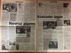 Sabah Gazetesi - 20 Mart 1999 -  - AP - Yilmaz - Yavuz Donat - Duman - Oscar - Eren - Eder - Lyon - Hakan Şükür - Hagi - Galatasaray - Emre - Gheorghe Hagi - Teknik Direktör - Fenerbahçe - Kupa Galipleri Kupası - Teknik Heyet - Fatih Terim - Onur - Puan Durumu - Sarı Kart - Roda - Volkan - Real Madrid - Beşiktaş - Tayfun - Metin Oktay - Belçika - Romanya - Gürcistan - Azerbaycan - MSP - Yusuf - Aziz Yıldırım - Aziz - Moldova - İtalya - Hasan Sas - Orman - Hasan Şaş - Bayern - Chelsea - Juventus - Lazio - UEFA Kupası - İsviçre - İspanya - Anayasa Mahkemesi - Allan - Can Dündar - Redd - Buray - Zara - Baha - Siyasi Partiler - Isak - Ege - Terörle Mücadele - Rauf Denktaş - LP - Sedat Peker - Bulgaristan - TKP - Almanya - DTP - Şili - DSP - ANAP - DYP - CHP - Didi - Şevket Kazan - Korkut Özal - Atiye - Yerel Seçimler - Hadise - Erdoğan - Bülent Ecevit - Necmettin Erbakan - Belediyeler - Litvanya - Şener