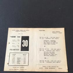 30 HAZİRAN 1958 -TAKVİM YAPRAĞI-DOĞUM GÜNÜ HEDİYESİ-AJANS-TÜRK ŞİİRLİ VE SAATLİ TÜRKİYE TAKVİMİ,JEAN MOREAS,FAL,FIKRA,2.BALKAN HARBİ 1913,GÜZEL SÖZ,YEMEK LİSTESİ