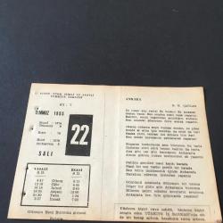 22 TEMMUZ 1958 -TAKVİM YAPRAĞI-DOĞUM GÜNÜ HEDİYESİ-AJANS-TÜRK ŞİİRLİ VE SAATLİ TÜRKİYE TAKVİMİ,B.K.ÇAĞLAR,SU TUNG PO,FAL,FIKRA,EDİRNENİN KURTULUŞU,1913,GÜZEL SÖZ,YEMEK LİSTESİ