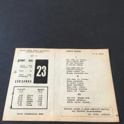 23 TEMMUZ 1958 -TAKVİM YAPRAĞI-DOĞUM GÜNÜ HEDİYESİ-AJANS-TÜRK ŞİİRLİ VE SAATLİ TÜRKİYE TAKVİMİ,K.K.KAMU,FAL,FIKRA,2.MEŞRUİYET İLANI 1908,ERZURUM KONGRESİ 1919,GÜZEL SÖZ,YEMEK LİSTESİ