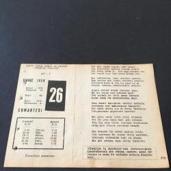 26 TEMMUZ 1958 -TAKVİM YAPRAĞI-DOĞUM GÜNÜ HEDİYESİ-AJANS-TÜRK ŞİİRLİ VE SAATLİ TÜRKİYE TAKVİMİ,FAL,FIKRA,SADRAZAM YAVUZ ALİ PAŞANIN ÖLÜMÜ,1604,TEMEŞVARIN FETHİ 1552,GÜZEL SÖZ,YEMEK LİSTESİ