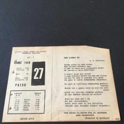 27  TEMMUZ 1958 -TAKVİM YAPRAĞI-DOĞUM GÜNÜ HEDİYESİ-AJANS-TÜRK ŞİİRLİ VE SAATLİ TÜRKİYE TAKVİMİ,Ü.Y.OĞUZCAN,ÖMER HAYYAM,FAL,FIKRA,ROBESPİERRENİN İDAMI 1794,DALTONUN ÖLÜMÜ 1844,GÜZEL SÖZ,YEMEK LİSTESİ