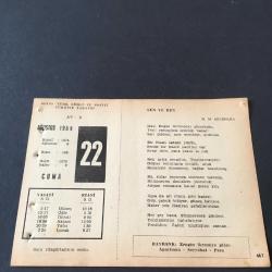 22 AĞUSTOS 1958 -TAKVİM YAPRAĞI-DOĞUM GÜNÜ HEDİYESİ-AJANS-TÜRK ŞİİRLİ VE SAATLİ TÜRKİYE TAKVİMİ,H.M.SELENLER,GÜNGÖR ÖZMEN,FAL,FIKRA,JAPONYANIN KOREYİ İŞGALİ 1910,NAPOLEONUN FRANSAYA DÖNÜŞÜ 1799,GÜZEL SÖZ,YEMEK LİSTESİ