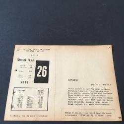 26 AĞUSTOS 1958 -TAKVİM YAPRAĞI-DOĞUM GÜNÜ HEDİYESİ-AJANS-TÜRK ŞİİRLİ VE SAATLİ TÜRKİYE TAKVİMİ,ŞİNASİ ÖZDENOĞLU,KAMURAN ÖZBİR,FAL,FIKRA,BÜYÜK TAARUZUN BAŞLANGICI,1922,GÜZEL SÖZ,YEMEK LİSTESİ