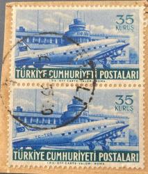 Mektup Zarfından Kesilmiş  / Postadan Geçmiş İkili Pul Filateli - 1955 Damgalı - GEMİ VE UÇAK PULU , 35 KURUŞ - Türkiye Cumhuriyeti