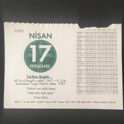 17 NİSAN  2008 -TAKVİM YAPRAĞI-DOĞUM GÜNÜ HEDİYESİ-KUVEYT TÜRK TAKVİMİ,ALİ FUAT BAŞGİLİN VEFATI 1967,8.CUMHURBAŞKANI TURGUT ÖZALIN VEFATI 1993,NELER OKUNMALI,MEŞHURLARIN SÖZÜ,FIKRA