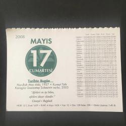 17 MAYIS 2008 -TAKVİM YAPRAĞI-DOĞUM GÜNÜ HEDİYESİ-KUVEYT TÜRK TAKVİMİ,NURULLAH ATAÇ ÖLDÜ,1957,EN BAHTİYAR KİM,GÜNÜN TARİHİ ZİYA PAŞA,TOPLUM VE GÖRGÜ,PRATİK BİLGİLER