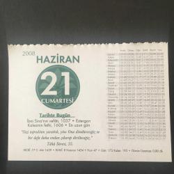 21 HAZİRAN 2008 -TAKVİM YAPRAĞI-DOĞUM GÜNÜ HEDİYESİ-KUVEYT TÜRK TAKVİMİ,İBNİ SİNANIN VEFATI 1037,ESTERGON KALESİNİN FETHİ 1606,EN UZUN GÜN