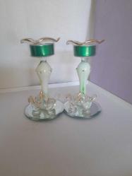 VINTAGE  MURANO KOPARMA EL YAPIMI BİR ÇİFT ALTI AYNALI MUMLUK 13 CM BOY