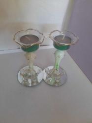 VINTAGE  MURANO KOPARMA EL YAPIMI BİR ÇİFT ALTI AYNALI MUMLUK 13 CM BOY