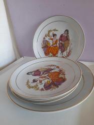 Antika - 4 PARÇA KÜTAHYA PORSELEN DAMGALI TABAK RESİMLİ 4 TATLI TABAĞI 1 SERVİS TABAĞI NOSTALJİK - kitantik - kitaLog