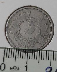 1943 BEŞ 5 KURUŞ ORİJİNAL MADENİ NİKEL 2M3EE1U NADİR