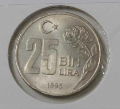 1995 YİRMİBEŞ 25 BİN LİRA DÜNYA HOŞGÖRÜ YILI İBARELİ ORİJİNAL MADENİ BAKIR-NİKEL ALAŞIMI ÇİLL YANAR DÖNER 1Ş2RR1A ÇOK NADİR
