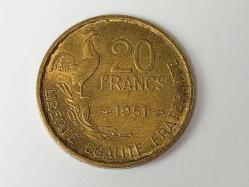 1951 Yıllzrına ait Fransa'ya özgü Madeni para 20 FRANK