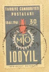 Mektup Zarfından Kesilmiş  / Postadan Geçmiş Pul Filateli - Damgalı - MTÖ 100. YlL 1861-1961 , 30 KURUŞ - Türkiye Cumhuriyeti