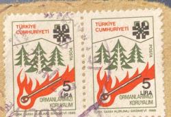 Mektup Zarfından Kesilmiş  / Postadan Geçmiş İkili Pul Filateli - Damgalı - ORMANLARIMIZI KORUYALIM , 5 LİRA - Türkiye Cumhuriyeti