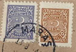 Mektup Zarfından Kesilmiş  / Postadan Geçmiş İkili Pul Filateli -13 Ağustos 1940’lar, Maraş Damgalı - RESMİ , 20 KURUŞ / 10 KURUŞ - Türkiye Cumhuriyeti
