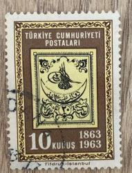 Mektup Zarfından Kesilmiş  / Postadan Geçmiş Pul Filateli - Damgalı - 100.YIL TEMASI 1863/1963 , 10 KURUŞ - Türkiye Cumhuriyeti