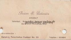 Kartvizit: Besim Ş. Üstünsöz, Avukat, İstanbul Bahçekapu Selamet Han