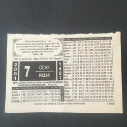 Efemera - 7 OCAK 2001 -TAKVİM YAPRAĞI-DOĞUM GÜNÜ HEDİYESİ-HİZMET TAKVİMİ, - kitantik - kitaLog