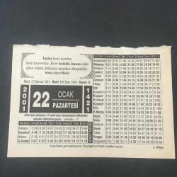 22 OCAK 2001 -TAKVİM YAPRAĞI-DOĞUM GÜNÜ HEDİYESİ-HİZMET TAKVİMİ,İMAN İNSANI İNSAN EDER,İNSAN GÜNAHLARDAN KORKMALI