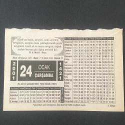 24 OCAK 2001 -TAKVİM YAPRAĞI-DOĞUM GÜNÜ HEDİYESİ-HİZMET TAKVİMİ,HZ.ALİNİN ŞEHADETİ 661,HALİÇ DONDU 1621