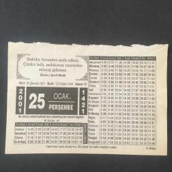 25 OCAK 2001 -TAKVİM YAPRAĞI-DOĞUM GÜNÜ HEDİYESİ-HİZMET TAKVİMİ,SADAKANIN EHEMMİYETİ