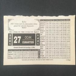 27 OCAK 2001 -TAKVİM YAPRAĞI-DOĞUM GÜNÜ HEDİYESİ-HİZMET TAKVİMİ,OSMANLI DEVLETİNİN KURULUŞU 1299,CENNET BAHÇESİ
