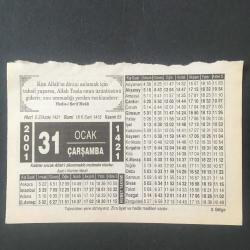 31 OCAK 2001 -TAKVİM YAPRAĞI-DOĞUM GÜNÜ HEDİYESİ-HİZMET TAKVİMİ,PEYGAMBERİMİZİN ASM MUBAREK ELİ,