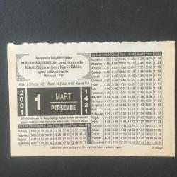 1 MART 2001 -TAKVİM YAPRAĞI-DOĞUM GÜNÜ HEDİYESİ- HİZMET TAKVİMİ, KİBİR