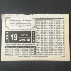 19 MAYIS 2001 -TAKVİM YAPRAĞI-DOĞUM GÜNÜ HEDİYESİ- HİZMET TAKVİMİ,GENÇLİK VE SPOR BAYRAMI,CEZAYİRİN OSMANLI HAKİMİYETİNE GİRİŞİ 1519,GENÇLİK,