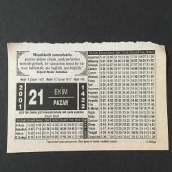 21 EKİM 2001-TAKVİM YAPRAĞI-DOĞUM GÜNÜ HEDİYESİ-HİZMET TAKVİMİ,ABDESTLİ OLMAK,PEYGAMBER EFENDİMİZDEN