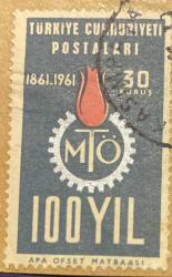 Mektup Zarfından Kesilmiş  / Postadan Geçmiş Pul Filateli - Damgalı - MTÖ 100. YlL 1861-1961 , 30 KURUŞ - Türkiye Cumhuriyeti