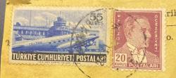 Mektup Zarfından Kesilmiş  / Postadan Geçmiş İkili Pul Filateli - Damgalı - GEMİ VE UÇAK PULU, 55 KURUŞ / ATATÜRK , 20 KURUŞ - Türkiye Cumhuriyeti