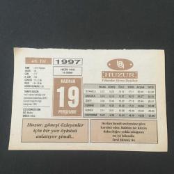 19 HAZİRAN 1997 -TAKVİM YAPRAĞI-DOĞUM GÜNÜ HEDİYESİ-HUZUR TAKVİMİ,İNCİLİN 4 E İNDİRİLİLDİĞİ İZNİK KONSÜLÜNÜN TOPLANMASI,KUVEYTİN BAĞIMSIZLIĞA KAVUŞMASI 1961,ÇOCUĞUNUZA İSİM,GÖZÜ YERİNDE KULLANMAK,ALLAHA NE CEVAP VERECEKSİN