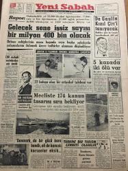 YENİ SABAH GAZETESİ   21 EKİM 1963 YIL :26 SAYI :8838---Gelecek sene işsiz  sayısı bir milyon 400  bin olacak ---CHP .Mahalli seçimlerden çok ümitli ---De Gaulle Kızıl Çin 'i tanıyacak --5  kazada iki ölü var --Meclis te 174  kanun tasarısı sıra bekliyor --Ah şu politika :Siyavuşgil ---Bütün Fas Kuvvetlerinin  Geri Çekilmesi İstendi ---Ankara dan Deniz Gökçer --Tiyatrolarımız  neler  hazırlıyorlar  ?---Fenerbahçe ,Demirsporu  Farklı Mağlup Etti :5-2---Galatasaray  ,hıncını A.Ordu dan  aldı :3-0---B.Spor ,A.Gücü ne  şans tanımadı :2-1--Ankara da Karşıyaka  ve Gençlerbirliği galip --