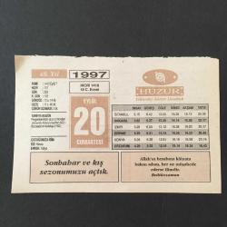 Efemera - 20 EYLÜL 1997 -TAKVİM YAPRAĞI-DOĞUM GÜNÜ HEDİYESİ-HUZUR TAKVİMİ,PEYGAMBERİMİZİN HİCRETLERİ ESNASINDA KUBAYI TEŞRİFLERİ,622,BOZCAADANIN KURTULUŞU 1922,ÇOCUĞUNUZA İSİM,RAHMETİN VESİLESİ MERHAMET,MAĞRUR OLMAYINIZ HAKSIZLIĞA BOYUN EĞMEYİNİZ - kitantik - kitaLog
