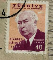 Mektup Zarfından Kesilmiş  / Postadan Geçmiş Pul Filateli - Damgalı -THEODOR HEUSS ZİYARET HATIRASI 1957, 40 PARA - Türkiye Cumhuriyeti