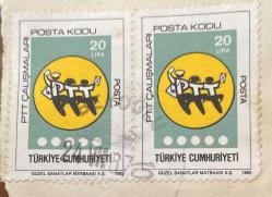 Mektup Zarfından Kesilmiş / Postadan Geçmiş İkili Pul Filateli - 24 Temmuz 1987 Damgalı - PTT ÇALIŞMALARI , 20 LİRA - Türkiye Cumhuriyeti