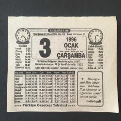 3 OCAK 1996-TAKVİM YAPRAĞI-DOĞUM GÜNÜ HEDİYESİ-TÜRKİYE GAZETESİ TAKVİMİ,İLK SERBEST BÖLGENİN MERSİNDE AÇILIŞI 1987,MERSİNİN KURTULUŞU ALİ ŞAİR NEVAİNİN VEFATI,1501,MÜHİM TENBİH,İSFİRAR VAKTİ