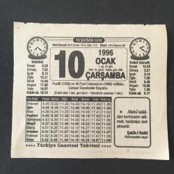 10 OCAK 1996-TAKVİM YAPRAĞI-DOĞUM GÜNÜ HEDİYESİ-TÜRKİYE GAZETESİ TAKVİMİ,FUZULİ 1556,VE ALİ FUAT CEBESOYUN 1968 VEFATLARI,ÇALIŞAN GAZATECİLER BAYRAMI