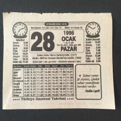 28 OCAK 1996-TAKVİM YAPRAĞI-DOĞUM GÜNÜ HEDİYESİ-TÜRKİYE GAZETESİ TAKVİMİ,YAVUZUN KAHİREYİ FETHİ,1517,MİSAKI MİLLİNİN OSMANLI MECLİSİN DE KABULÜ 1920,MÜBAREK RAMAZAN,RAMAZAN MANİLERİ