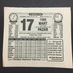 17 MART 1996 -TAKVİM YAPRAĞI-DOĞUM GÜNÜ HEDİYESİ-TÜRKİYE GAZETESİ TAKVİMİ,BERDÜL ACUZ SOĞUKLARININ SONU,KIRLANGIÇLARIN GELME ZAMANI,ERDELİN FETHİ 1442,YAŞLILIK HÜZÜNLERİ,NASIL BİLMİŞ