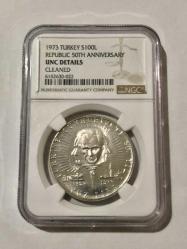1973 basım GÜMÜŞ 100 Lira Orjinal NGC SERTİFİKALI dır