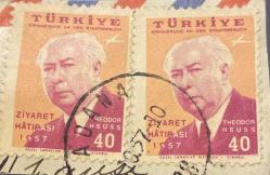 Mektup Zarfından Kesilmiş  / Postadan Geçmiş İkili Pul Filateli - Adana, 1957 Damgalı -THEODOR HEUSS ZİYARET HATIRASI 1957, 40 PARA - Türkiye Cumhuriyeti
