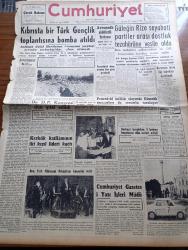 Cumhuriyet Gazetesi - 12 Ağustos 1959 - Ortadirek Yazan Yaşar Kemal Yazı Dizisi - Nadir Nadi Köşe Yazısı - Kıbrıs'ta Bir Türk Gençlik Toplantısına Bomba Atıldı - Kasım Gülek'in Rize Seyahati Partiler Arası Dostluk Tezahürüne Vesile Oldu - Kerkük Katliamının İkinci Kızıl Lideri Kaçtı - Maruf Berzani - New York Filarmoni Orkestrası Açıkhava Tiyatrosunda Konserini Verdi - Fener'deki Dinamit Patlamasında Gümrük Memurları Da Sorumlu Tutuluyor - Küba Dün Yeniden Karıştı - Bartın'ı İstanbullu Seyyar Satıcılar İstila Etti - Amerika'da İran Şahı Aleyhine Çalışan Teşkilat - Burhan Felek Köşe Yazısı - Fuhuşa Teşvikten Sanıklar Rock And Roll'cular - Koruyucu Melekler Çizgi Roman - Atom Bombasının Ondördüncü Yıldönümünde - Uluç Ali Yazan Halikarnas Balıkçısı Yazı Dizisi - İstanbul Ankara Radyosu Programı - Aydın Milletvekili Osman Ongan Vefat Etti - Komili Zeytinyağı - Teniste Nazmi Bari İzmir Şampiyonu Ziya Kıpkızılı Yendi - Yaşar Yılmaz Ve Tahsin Kotil Güreş Kampından Çıkarıldı - Basketbol