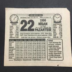 22  NİSAN 1996-TAKVİM YAPRAĞI-DOĞUM GÜNÜ HEDİYESİ-TÜRKİYE GAZETESİ TAKVİMİ,TÜRKİYE GAZETESİNİN YAYINA BAŞLAMASI,1970,DÜNYA GÜNÜ,TGRT VE HUZUR TELEVİZYONUN YAYINA BAŞLAMASI 1993,